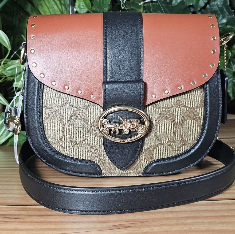 ❤️ Coach C3593 Georgie Saddle Bag in Colorblock Signature Canvas with Rivets~NWT
